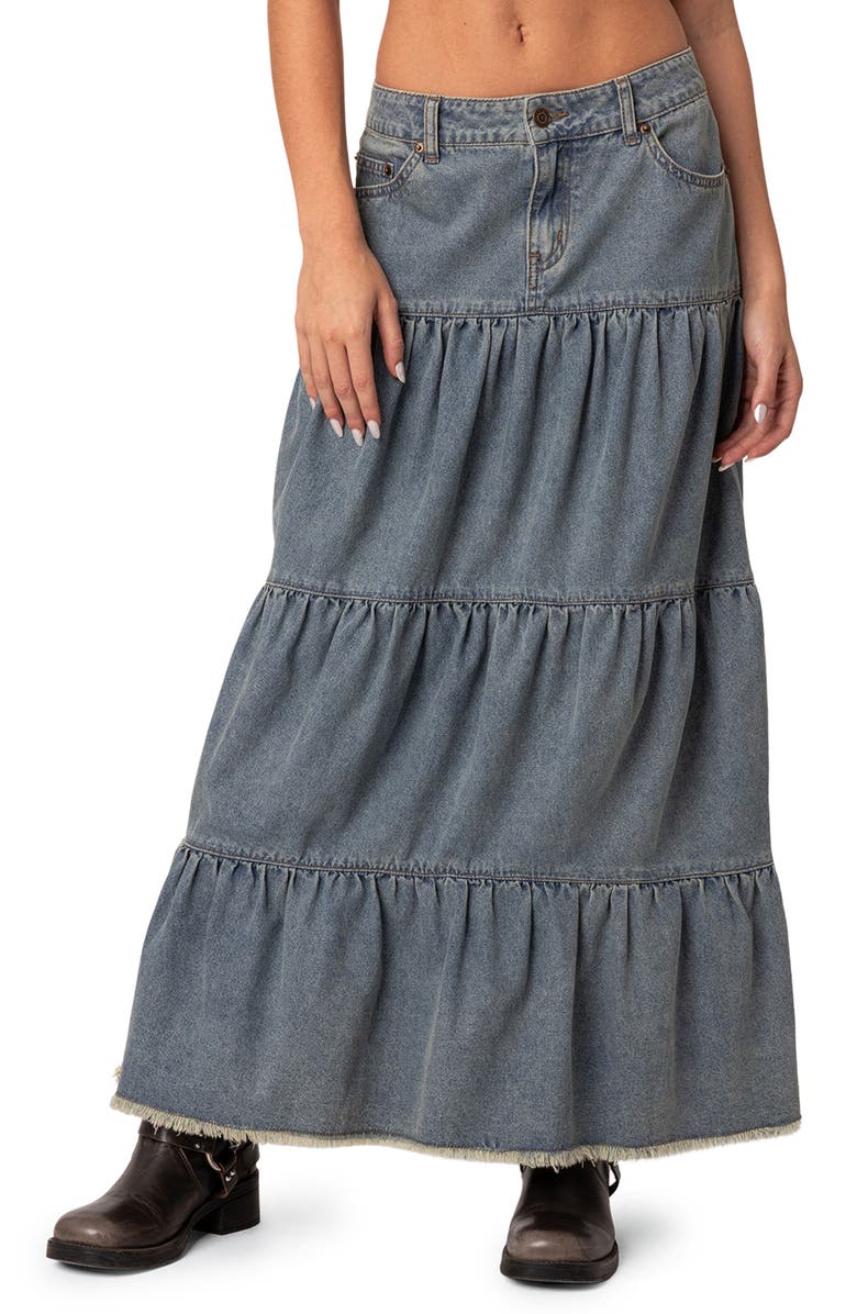 EDIKTED Countryside Tiered Denim Maxi Skirt, Main, color, 