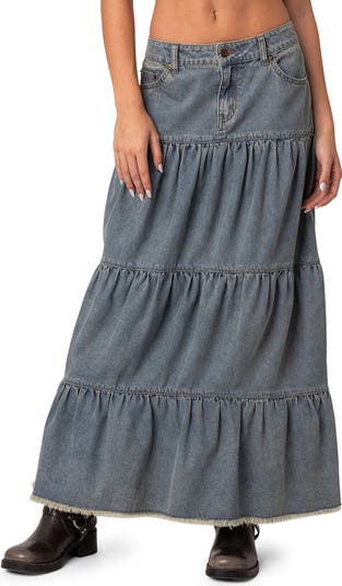 EDIKTED Countryside Tiered Denim Maxi Skirt | Nordstrom