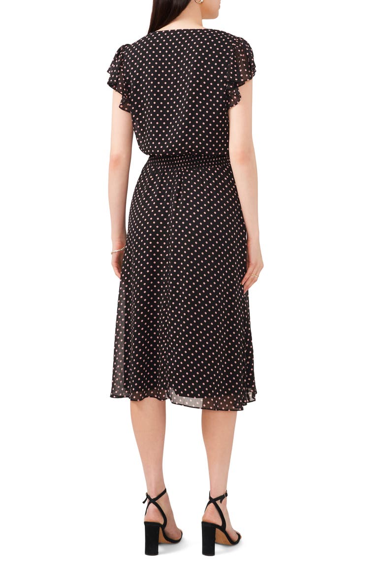 Polka Dot Smock Waist Flutter Sleeve Midi Dress, Alternate, color, BLACK/BLUSH 006