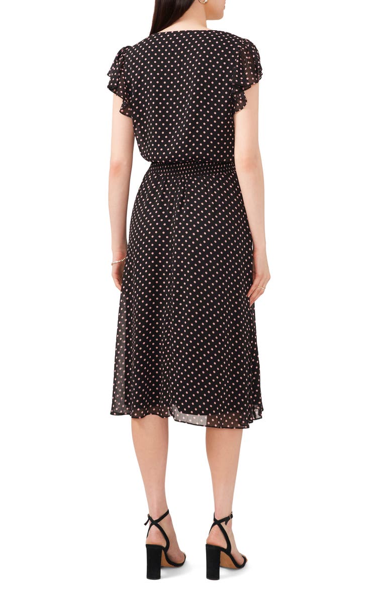 Chaus Polka Dot Smock Waist Flutter Sleeve Midi Dress, Alternate, color, Black/Blush 006
