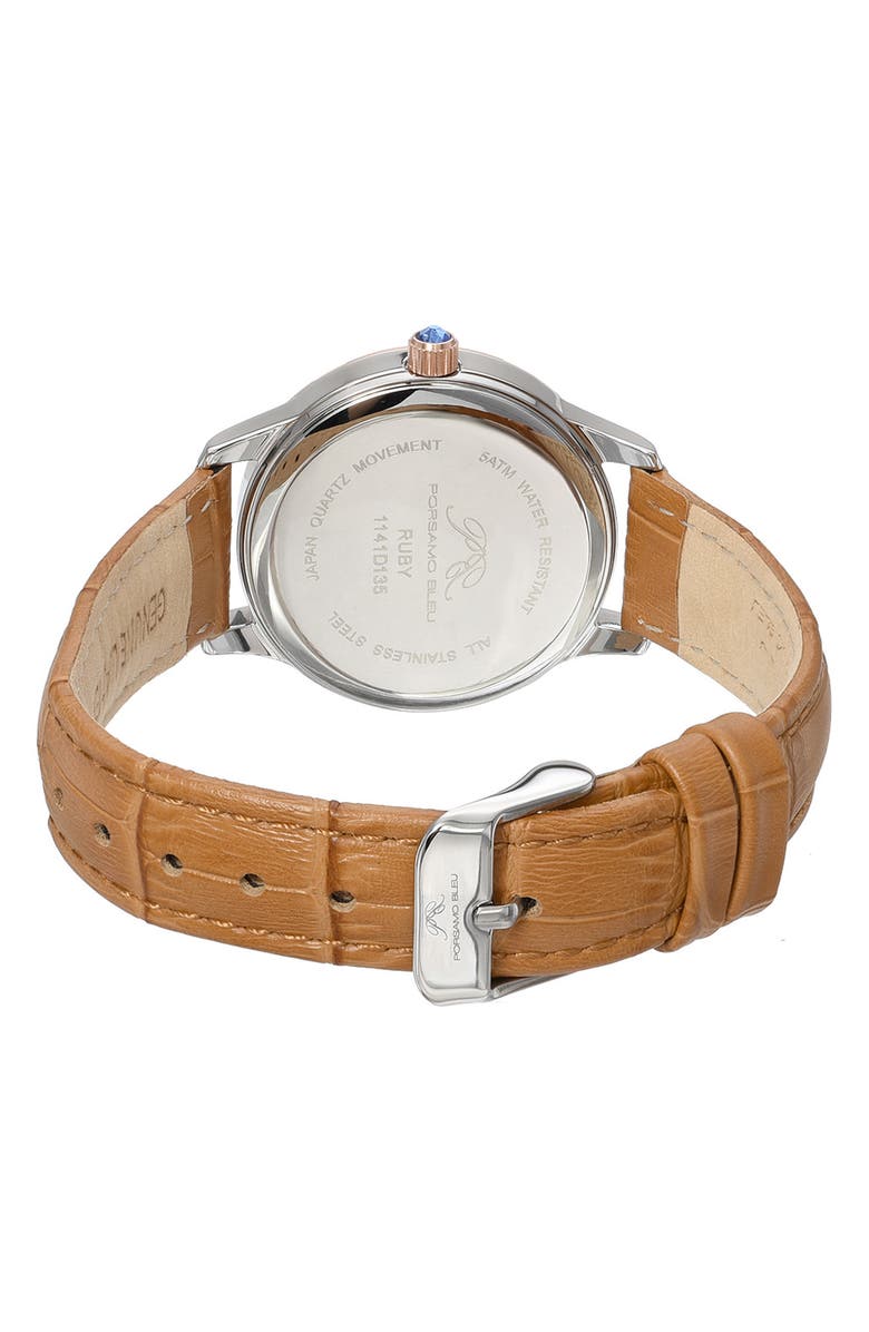 PORSAMO BLEU Ruby Sunray Croc Embossed Leather Strap Watch, 34mm, Alternate, color, Brown/Rose/Silver