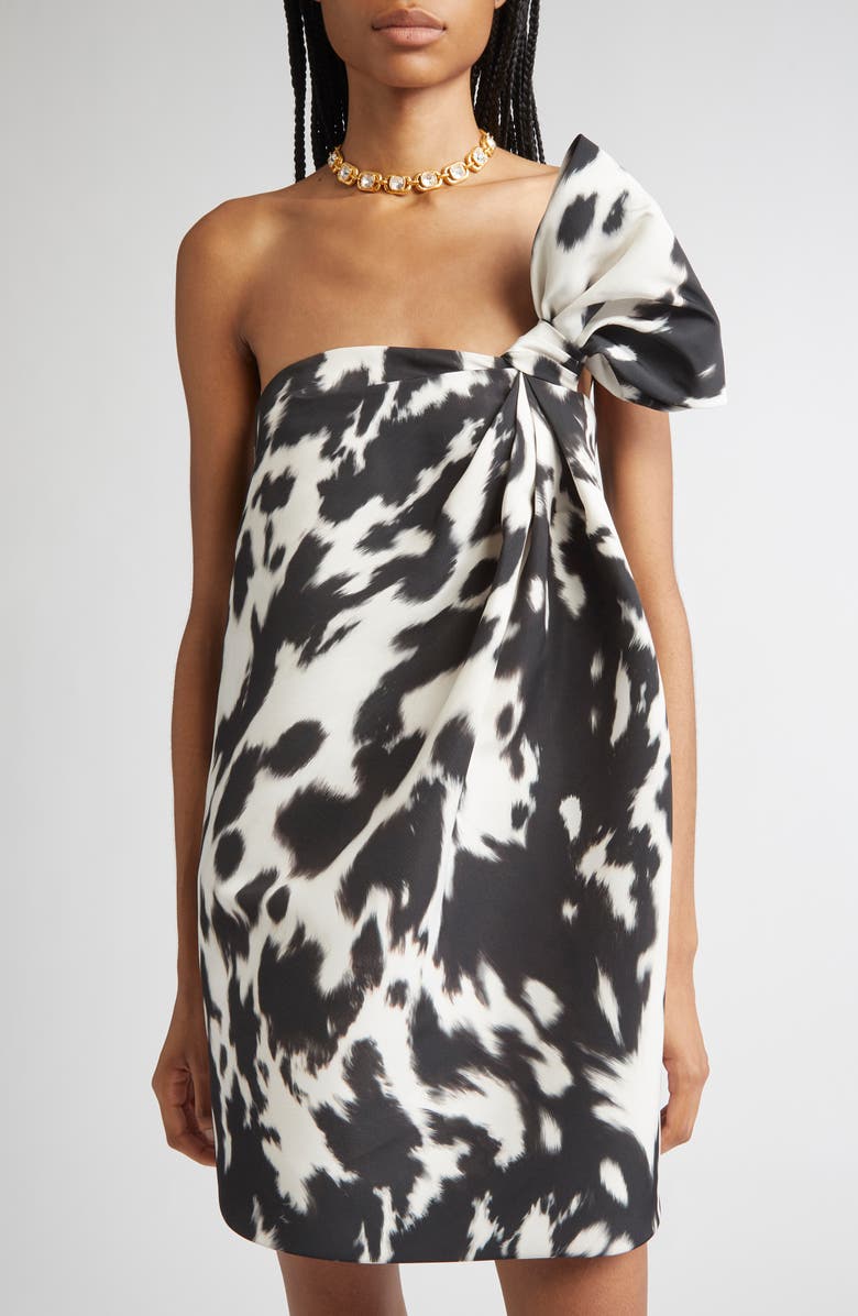Oscar de la Renta Cow Print Strapless Cocktail Dress, Alternate, color, Ecru/ Black