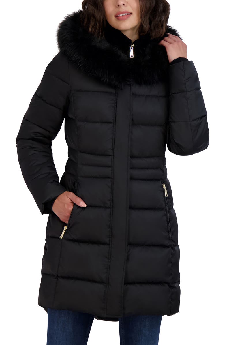 Tahari Dana Puffer Coat with Faux Fur Trim, Alternate, color, Black
