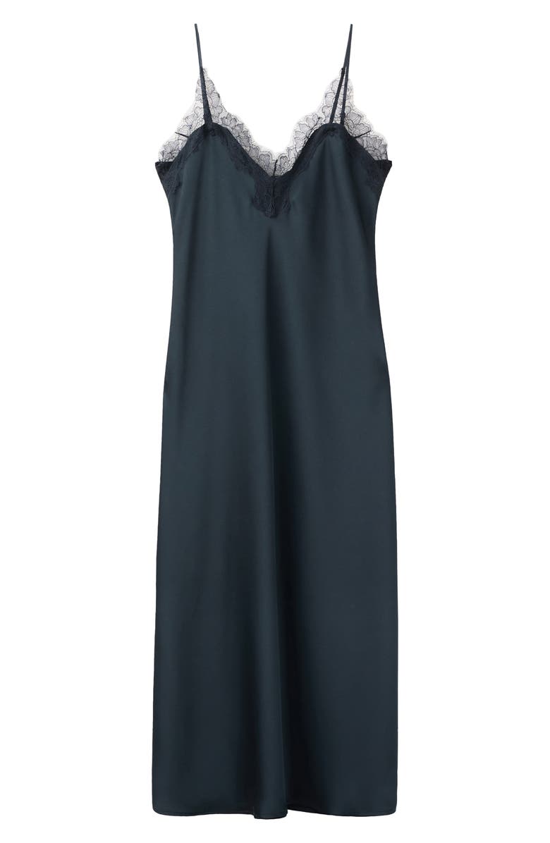 MANGO Lace Trim Satin Midi Slipdress, Main, color, Navy