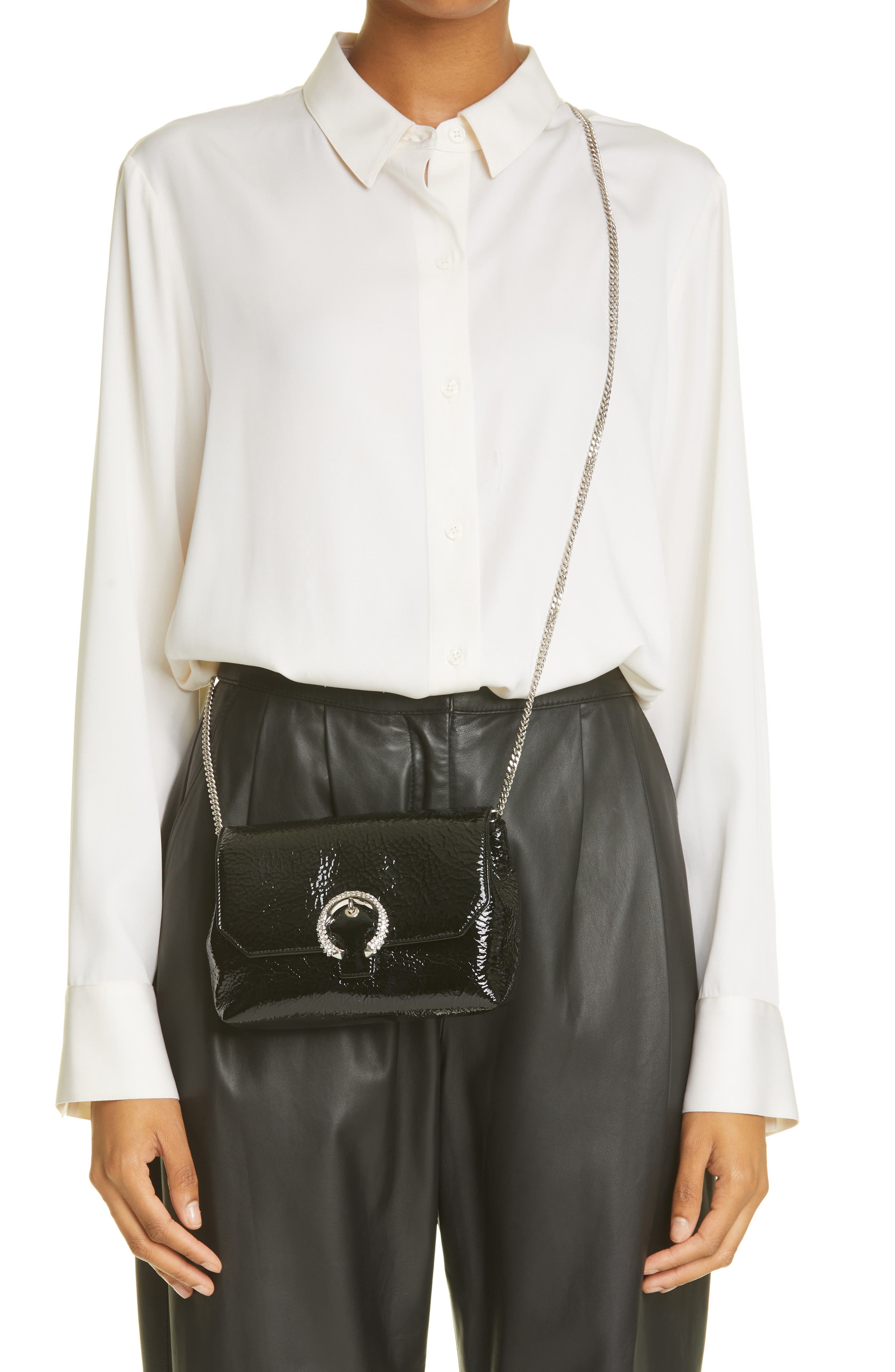 Jimmy Choo Soft Madeline Crystal Buckle Patent Leather Crossbody Bag, Alternate, color, 
