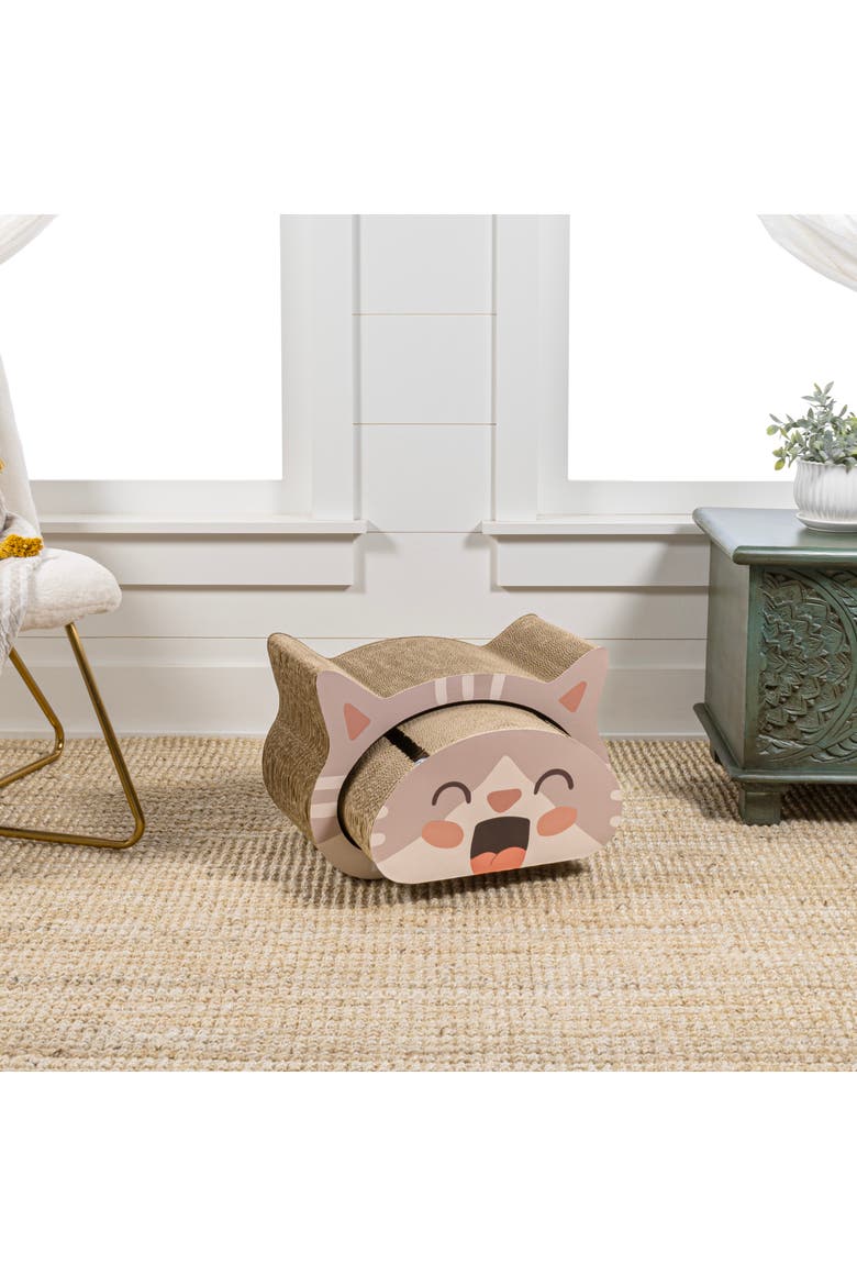 Opal Modern Cardboard Happy Cat Head 2-in-1 Cat Cave Scratcher with Built-In Bell Toys and Catnip, Alternate, color, Muted Pink/Cream