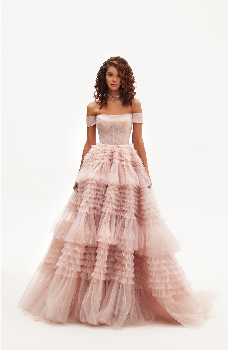 Milla Misty Rose Off-The-Shoulder Frill-Layered Gown, Alternate, color,