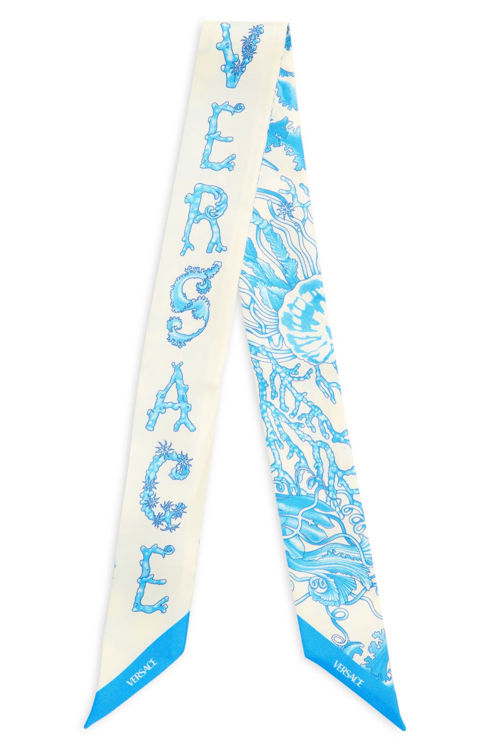 Underwater Barocco Silk Skinny Scarf, color, EGGSHELL/ BRIGHT BLUE