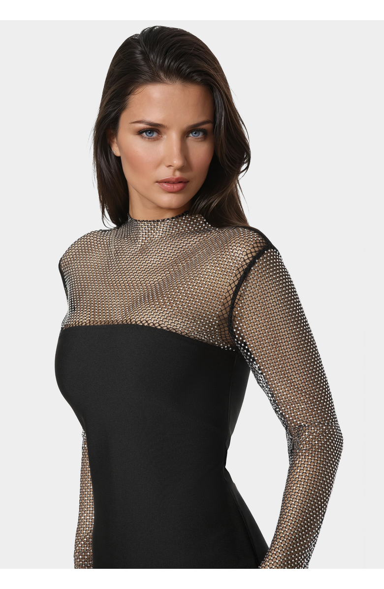 bebe Long Sleeve Midi Dress With Crystal Mesh Combo, Alternate, color, Black