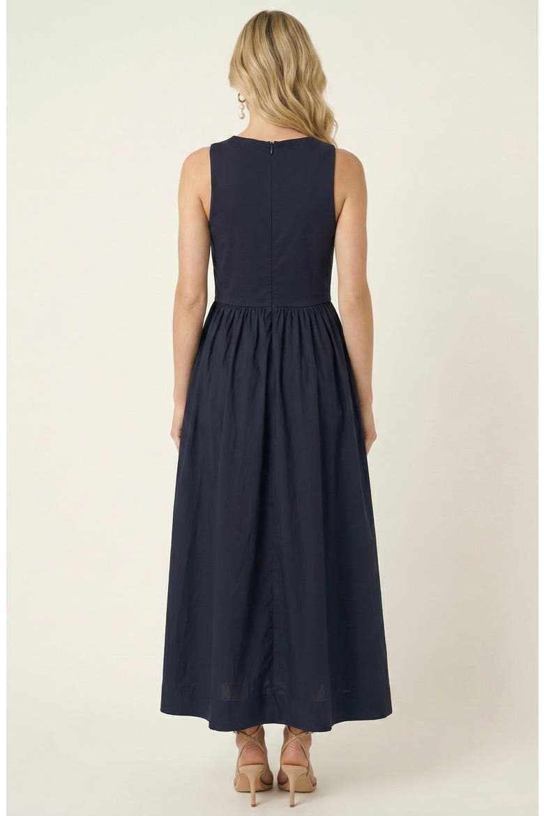 Sleeveless Crewneck Midi Dress with Gathered Waist and Pockets, Alternate, color, Navy Blue