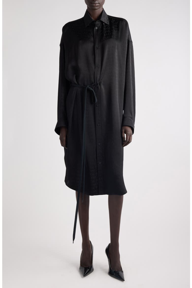 Cocoon Logo Jacquard Oversize Long Sleeve Satin Shirtdress, Main, color, 1000 BLACK