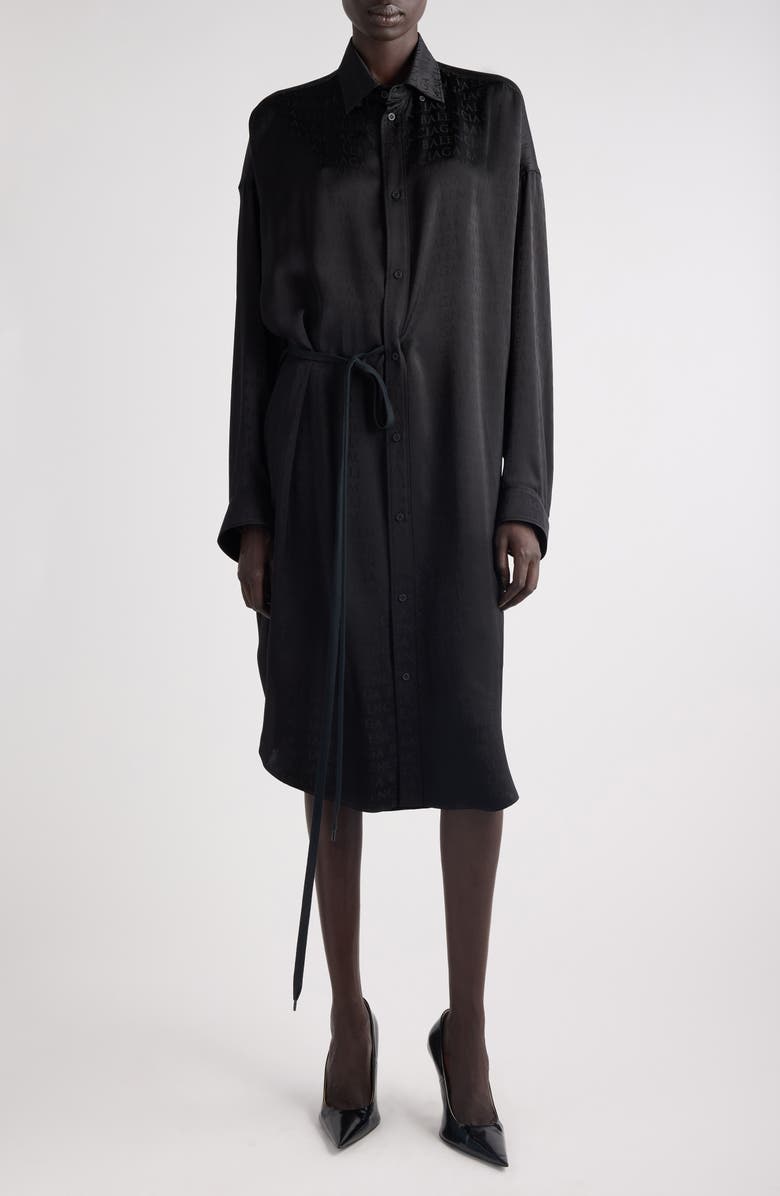 Balenciaga Cocoon Logo Jacquard Oversize Long Sleeve Satin Shirtdress, Main, color, 1000 Black