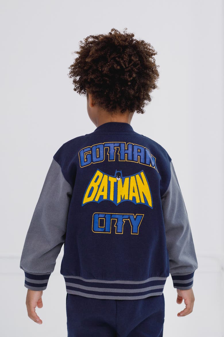 Justice League Fleece Varsity Jacket and Pants Set, Alternate, color, Navy Grey Batman