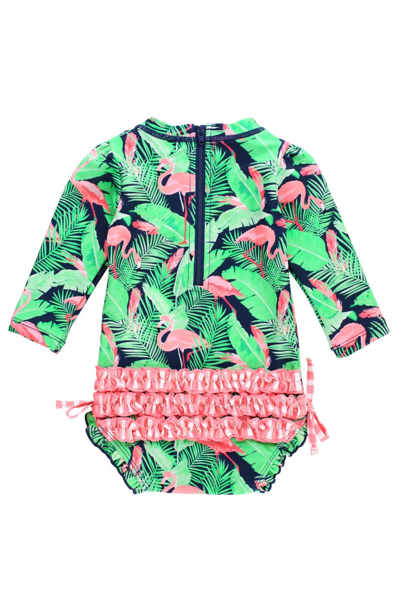 RuffleButts Long Sleeve UPF50 One Piece Rash Guard, Alternate, color, Flamingo Frenzy