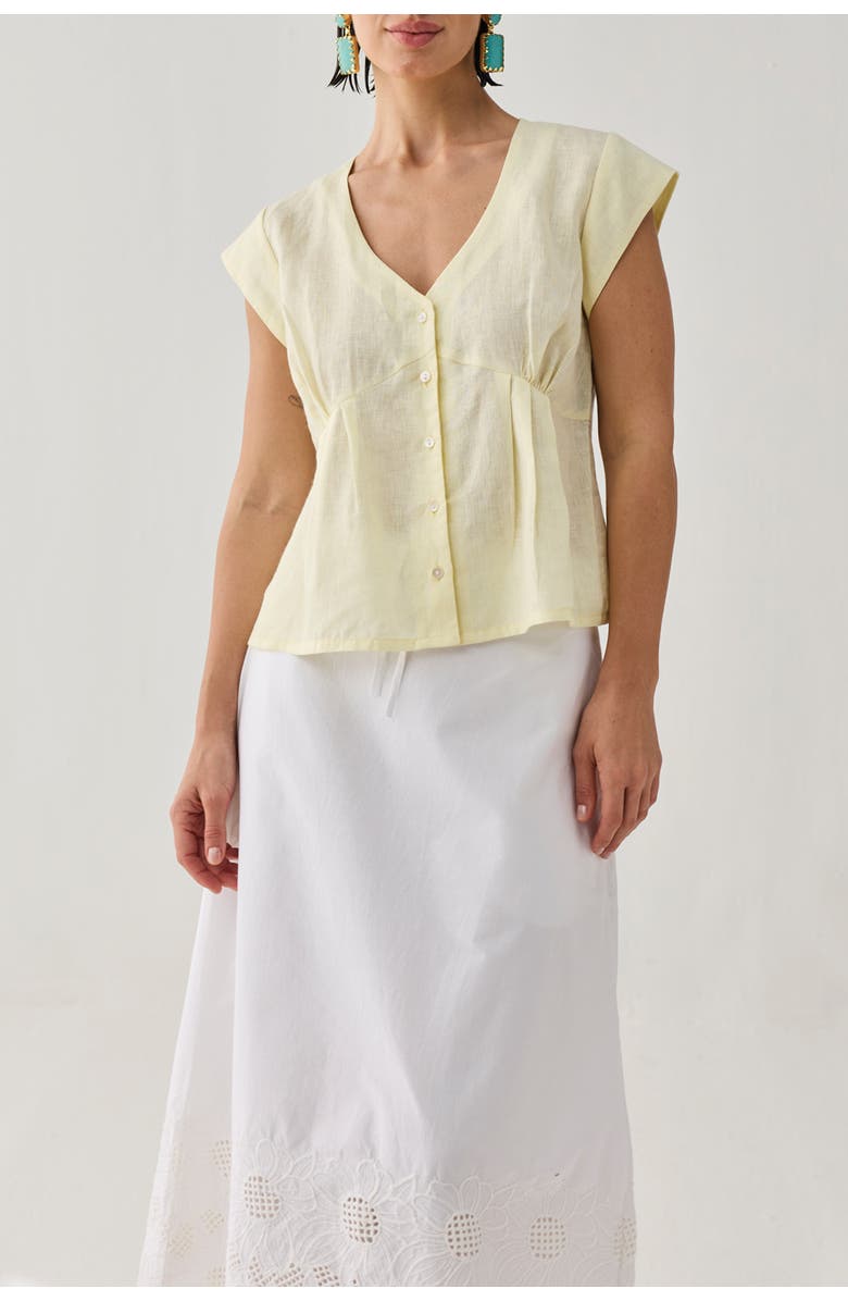 Reistor Embroidered Deep V-Neck Linen Top, Main, color, Butter Lemon