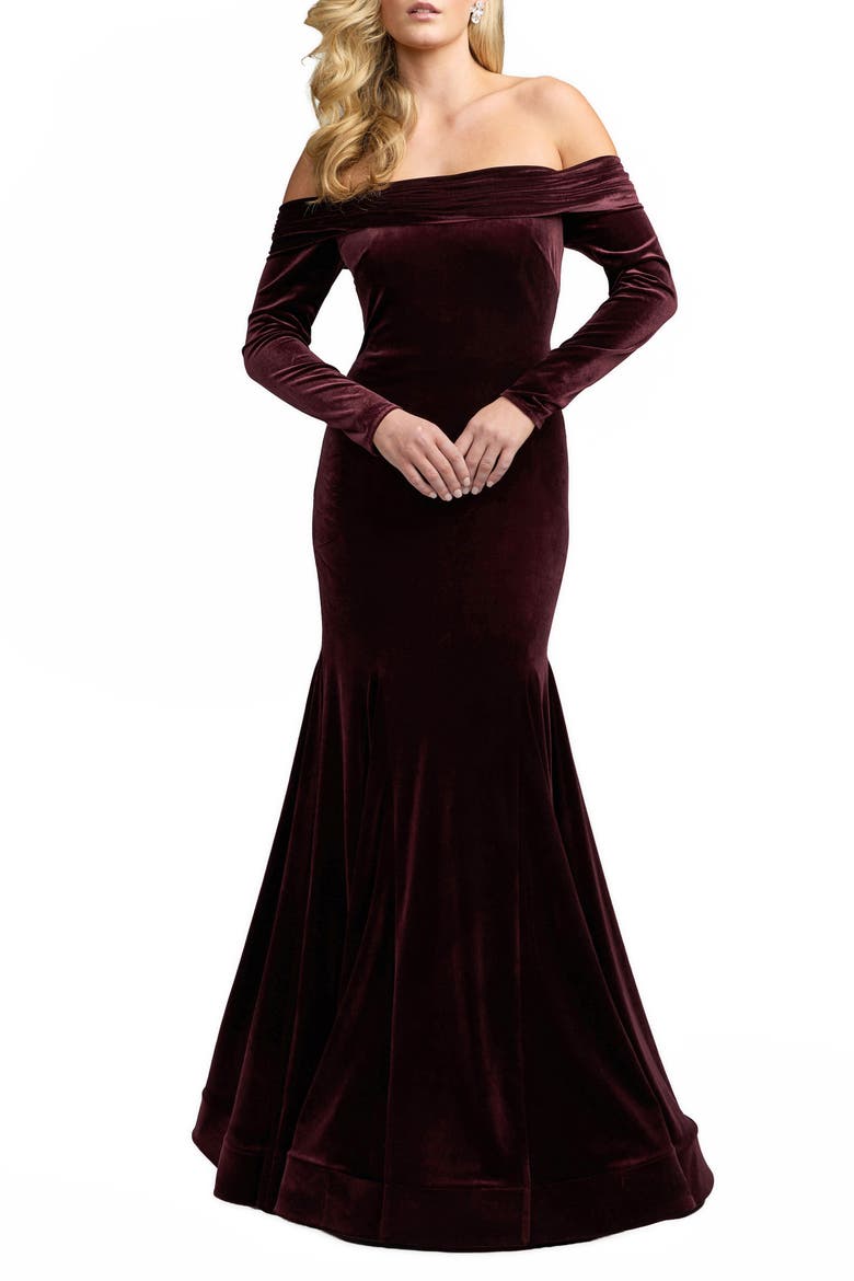 Velvet Off The Shoulder Long Sleeve Mermaid Gown, Main, color, Wine