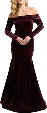 Mac Duggal Velvet Off The Shoulder Long Sleeve Mermaid Gown