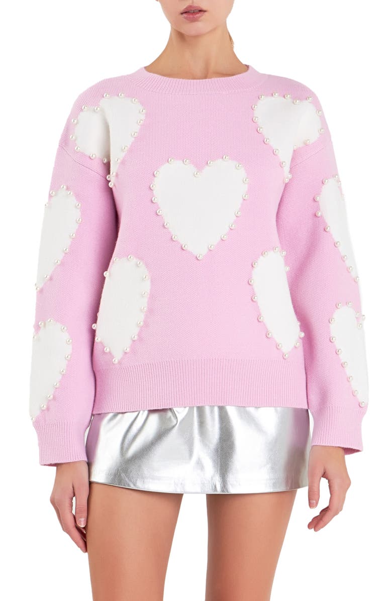English Factory Heart Imitation Pearl Sweater, Main, color, Cream Multi