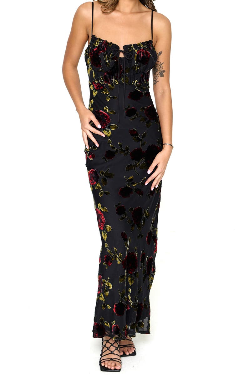 Rare London Devore Floral Tie Front Chiffon Maxi Dress, Main, color,