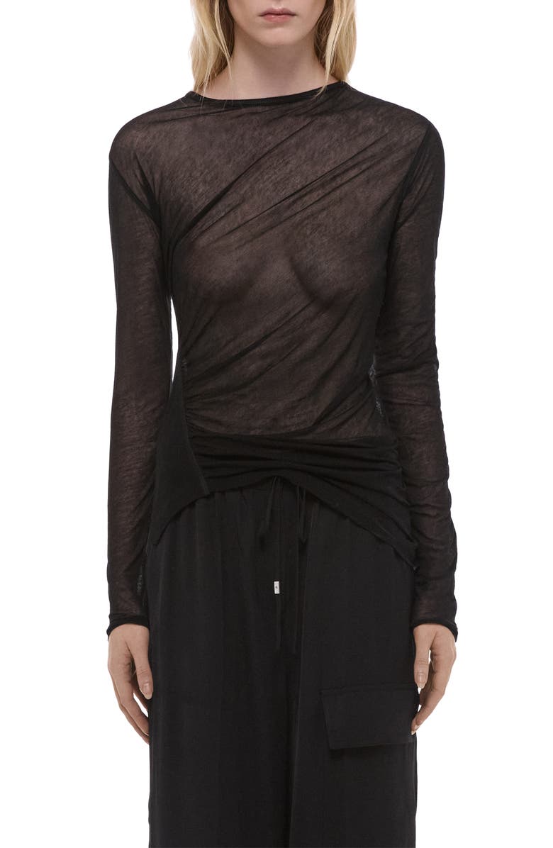 Helmut Lang Ruched Asymmetric Hem Cotton Top, Main, color, Black