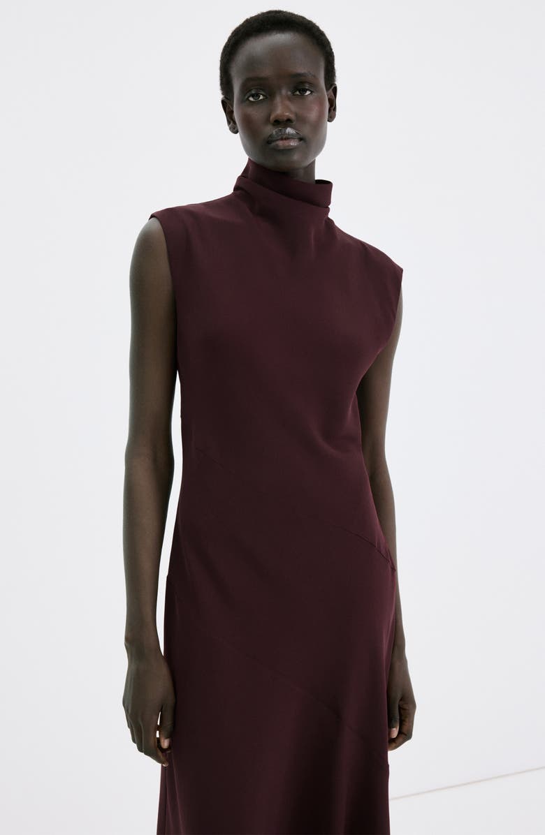 MANGO Drape Mock Neck Sleeveless Midi Dress, Alternate, color, Wine