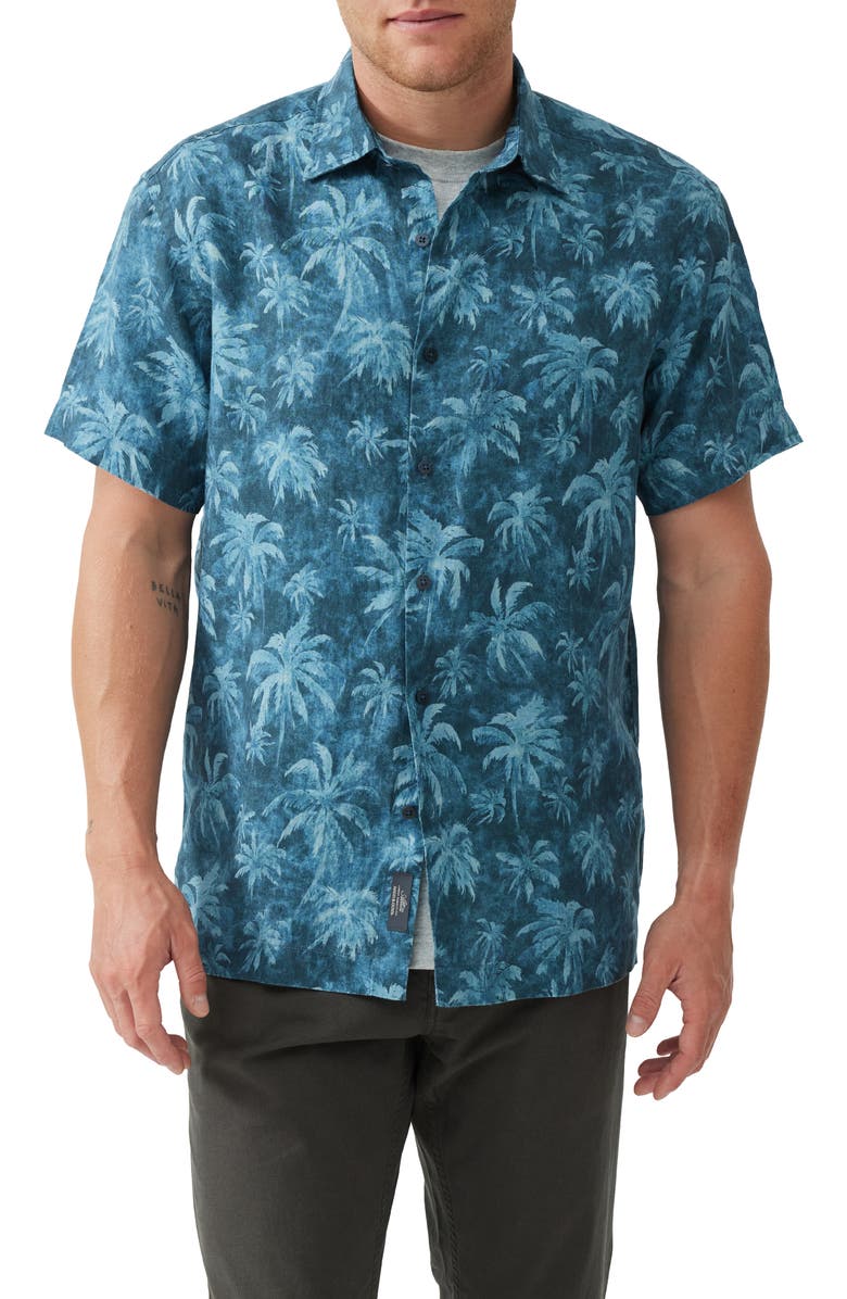 Rodd & Gunn Destiny Bay Palm Tree Print Short Sleeve Linen Button-Up Shirt, Main, color, Teal