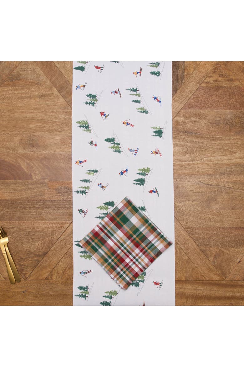 Alpine Skiers Winter Sports Reversible Plaid Christmas Runner 14" x 72", Alternate, color, White
