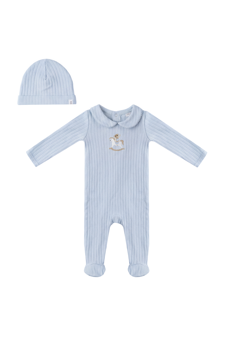 Boy Horse Bear Pointelle Knit Long Sleeve Romper and Hat Set, Alternate, color, Blue