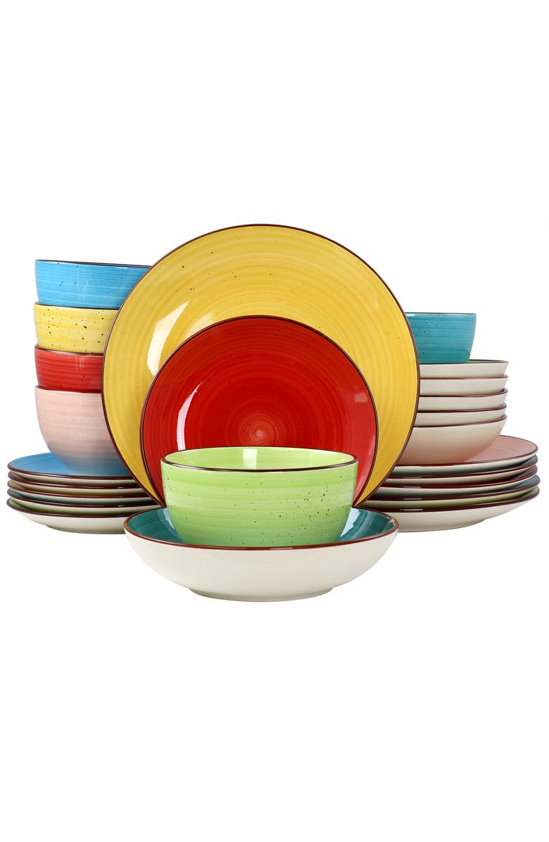 Elama Sebastian 24 Piece Double Bowl Stoneware Dinnerware Set, Main, color, Pink
