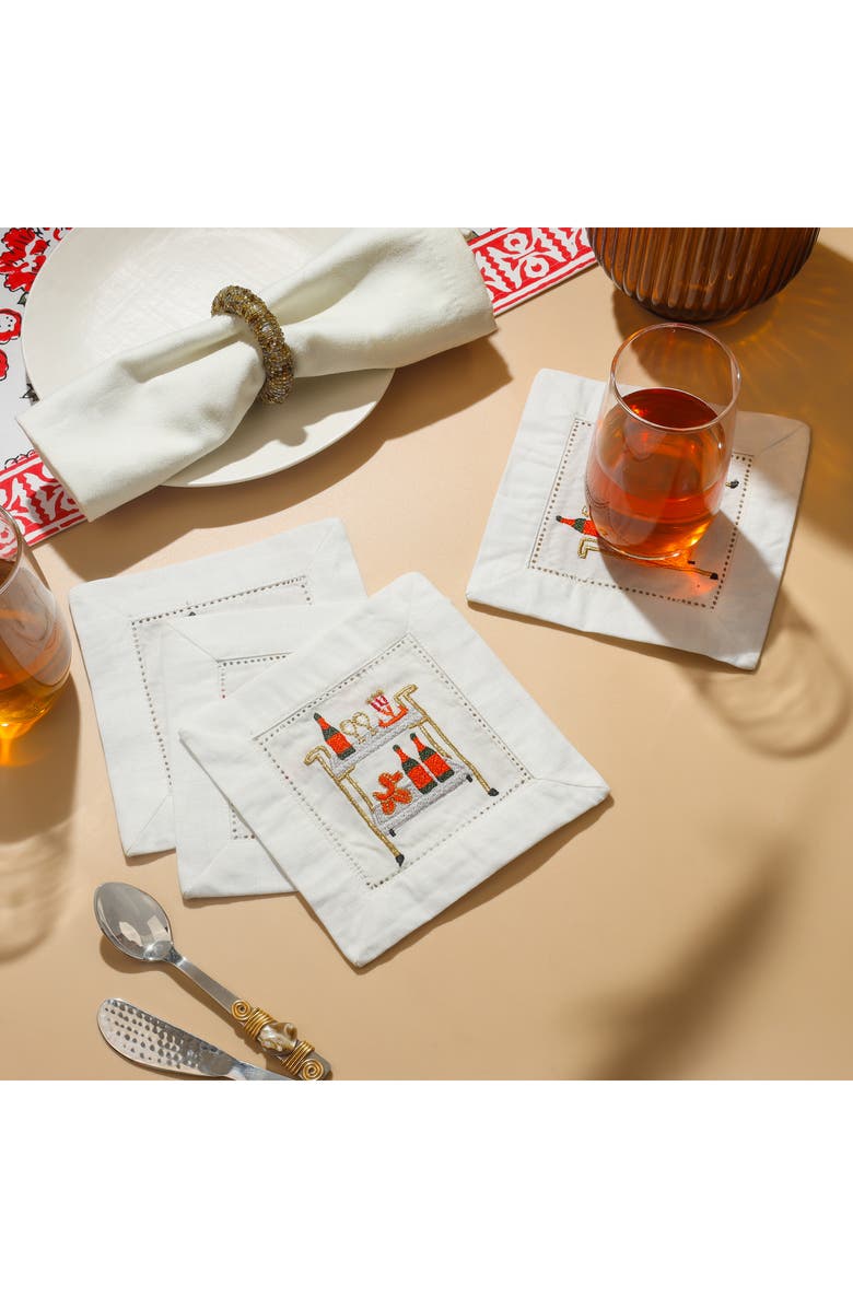 Tiramisu Bar Cart Bliss Embroidered Linen Cocktail Napkins, Alternate, color, Multi