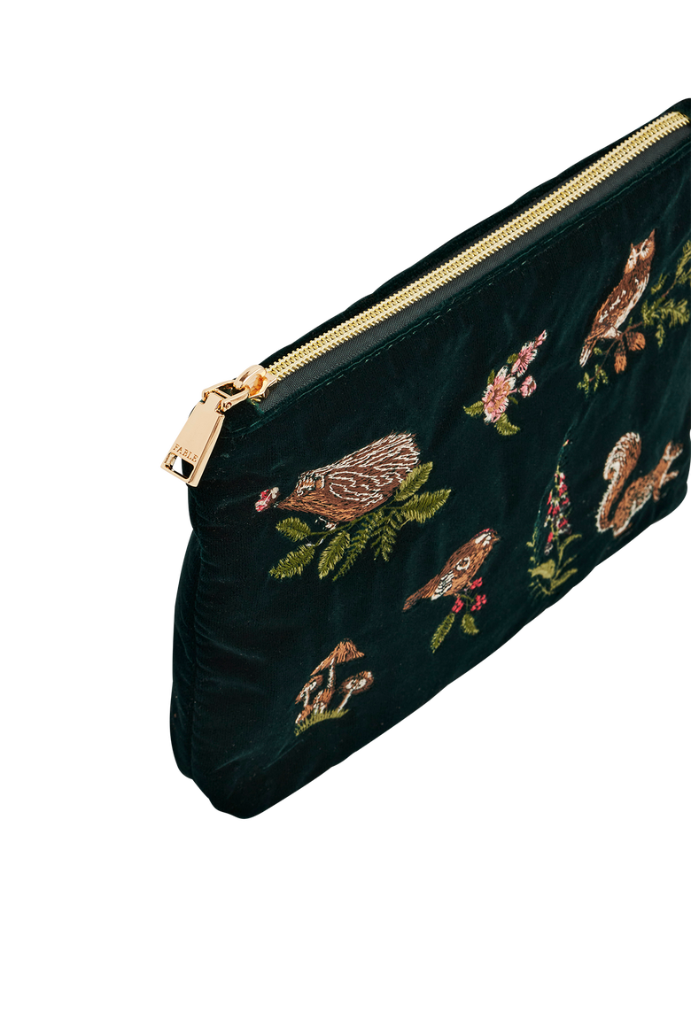 Meadow Scene Embroidered Medium Pouch  Velvet, Alternate, color, Dark Green