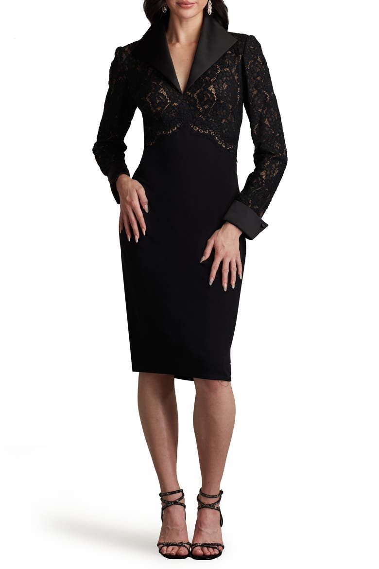 Long Sleeve Lace & Crepe Dress, Main, color, BLACK/ NUDE