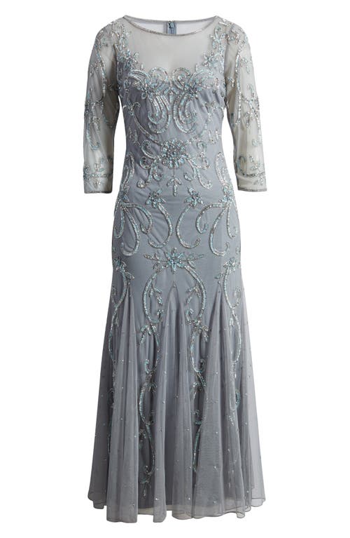 Pisarro Nights Beaded Illusion Neck Gown In Blue