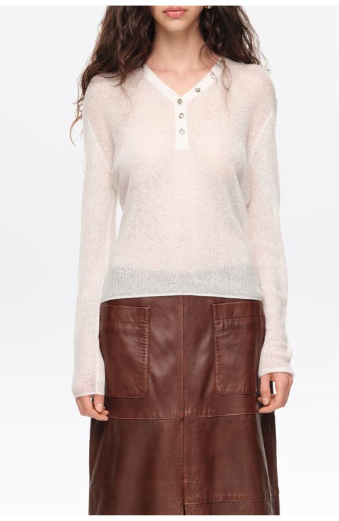 Ribbed Sweater with Buttoned V-Neckline