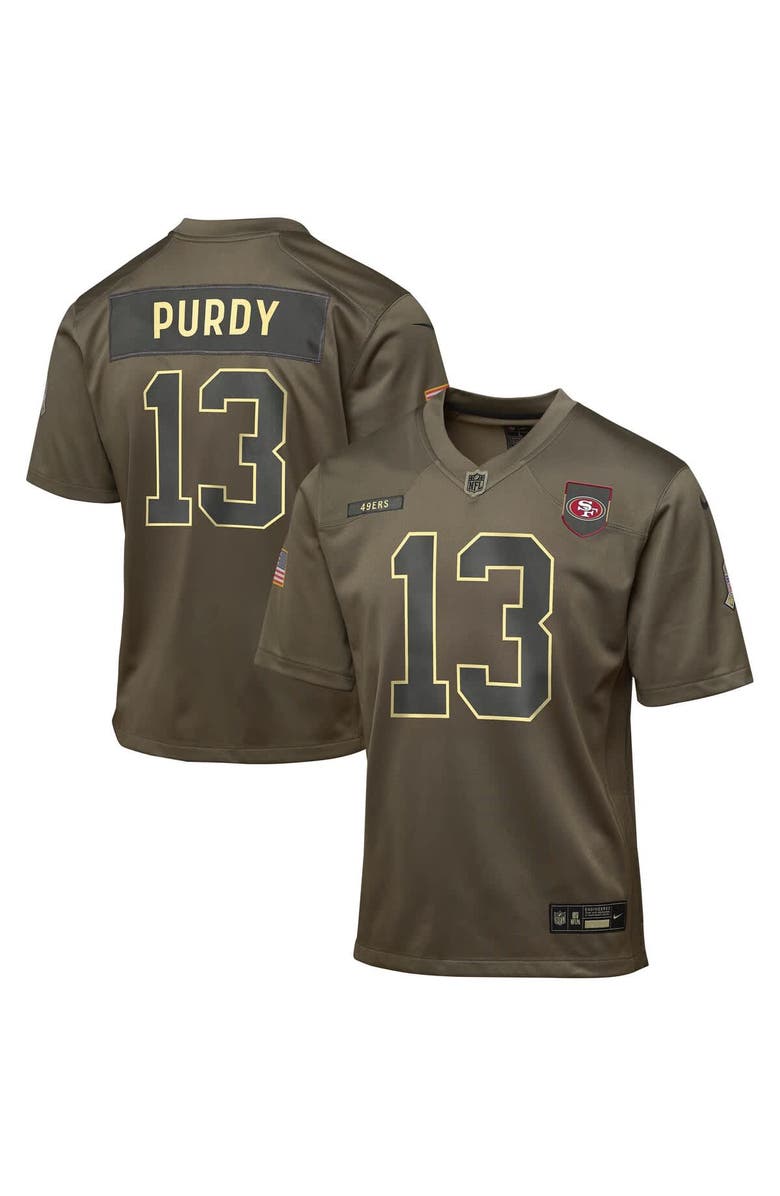 Nike Youth Nike Brock Purdy Olive San Francisco 49ers 2025 Salute to Service Game Jersey, Main, color, Olive