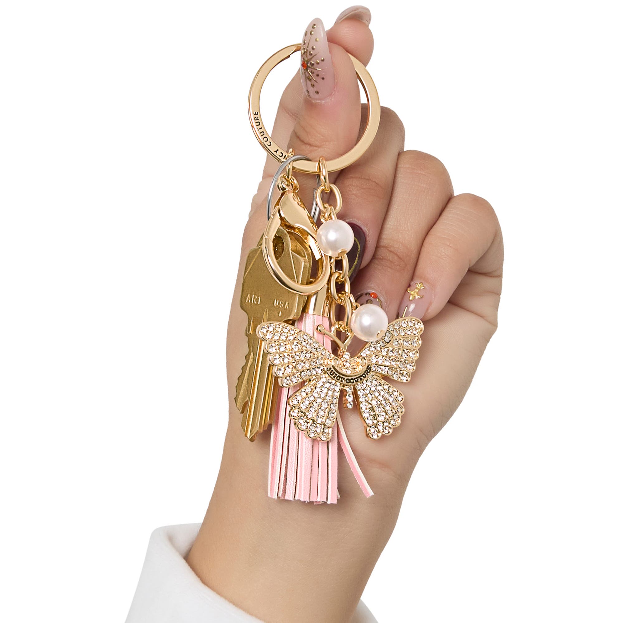 Juicy Couture Butterfly Charm Keychain with Pearls, Alternate, color, Gold, Pink