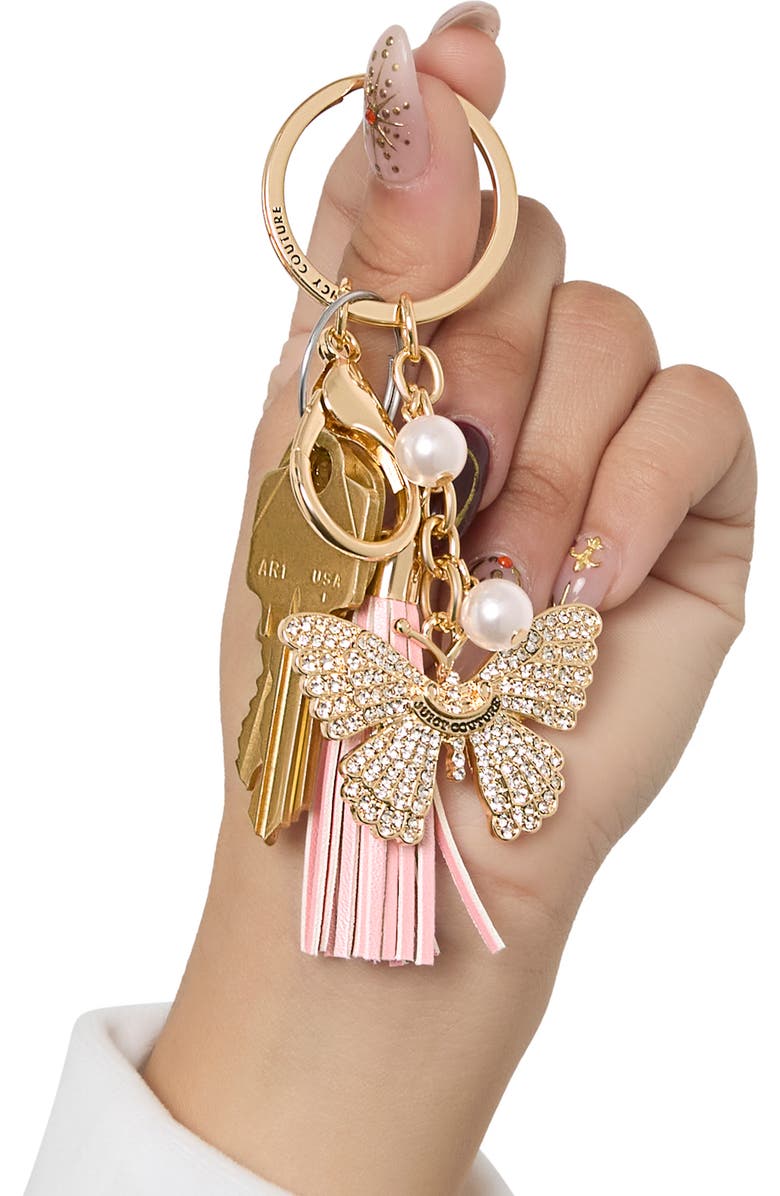 Juicy Couture Butterfly Charm Keychain with Pearls, Alternate, color, Gold, Pink
