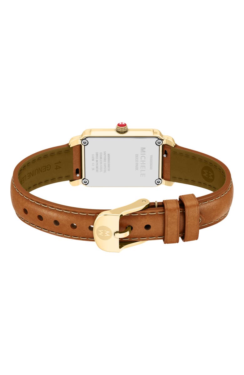 MICHELE Deco Park Mother-of-Pearl Leather Strap Watch, 23mm x 29mm, Alternate, color, Brown / Gold