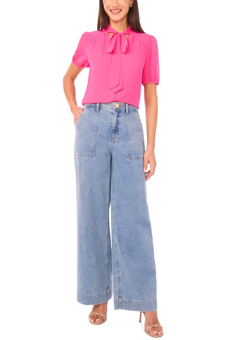Puff Sleeve Tie Neck Top, Alternate, color, BRILLIANT FUCHSIA