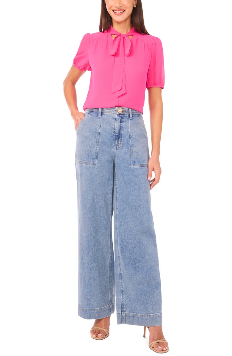 CeCe Puff Sleeve Tie Neck Top, Alternate, color, Brilliant Fuchsia