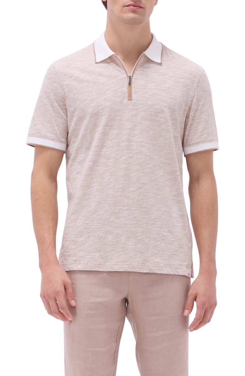 Bugatchi Cotton & Linen Quarter Zip Polo, Main, color, Camel