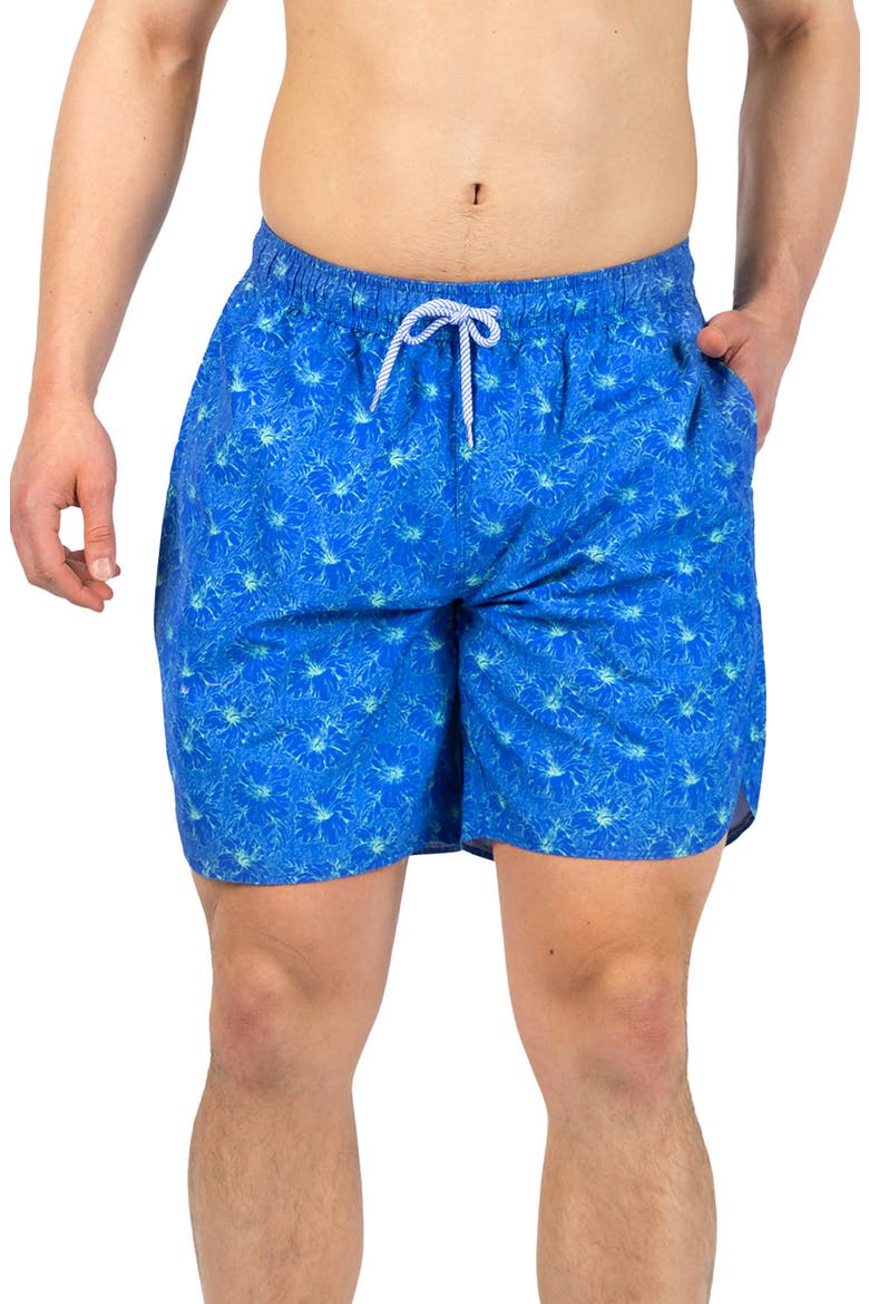 Tropical Floral Print Swim Trunks, Main, color, ISLAND BLUE
