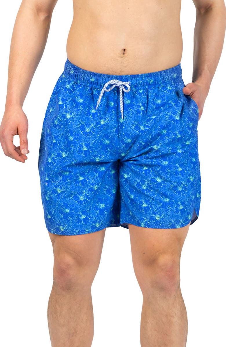 TailorByrd Tropical Floral Print Swim Trunks, Main, color, Island Blue