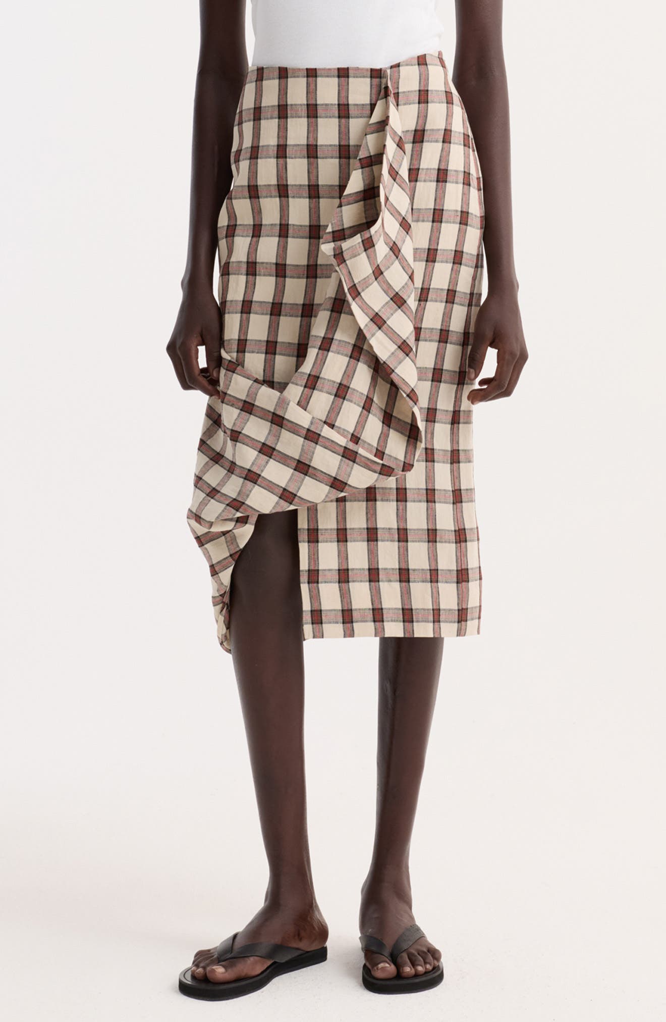 Check Draped Linen Skirt