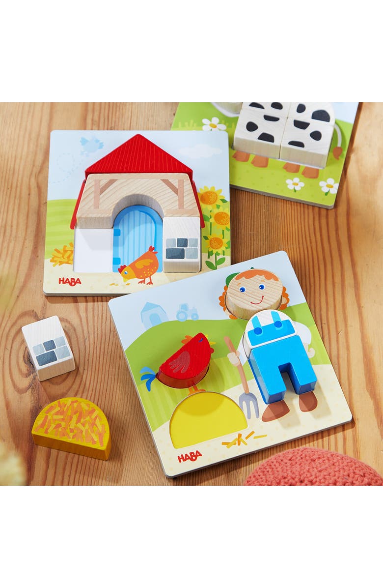 HABA On the Farm Beginner Pattern Blocks Puzzle with 3 Background Scenes and 14 Wooden Pieces - Ages 18 Months +, Alternate, color, Multi
