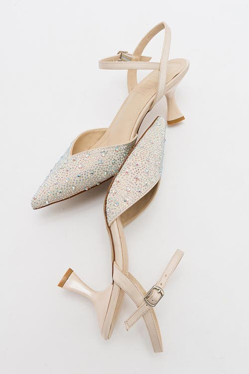 Forever & Always Shoes Vilka Embellished Slingback Kitten Heel Pumps In Beige Faux Leather
