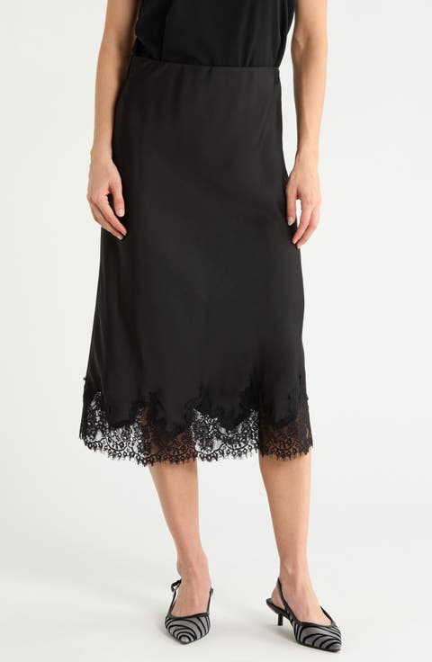 Lace Hem Satin Midi Skirt