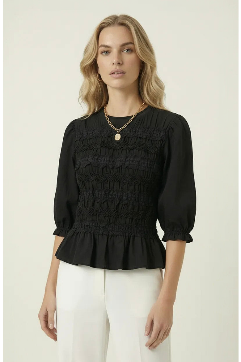 Smocked Peplum Puff Sleeve Blouse, Main, color, Black
