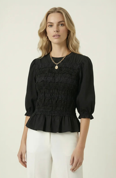 Smocked Peplum Puff Sleeve Blouse