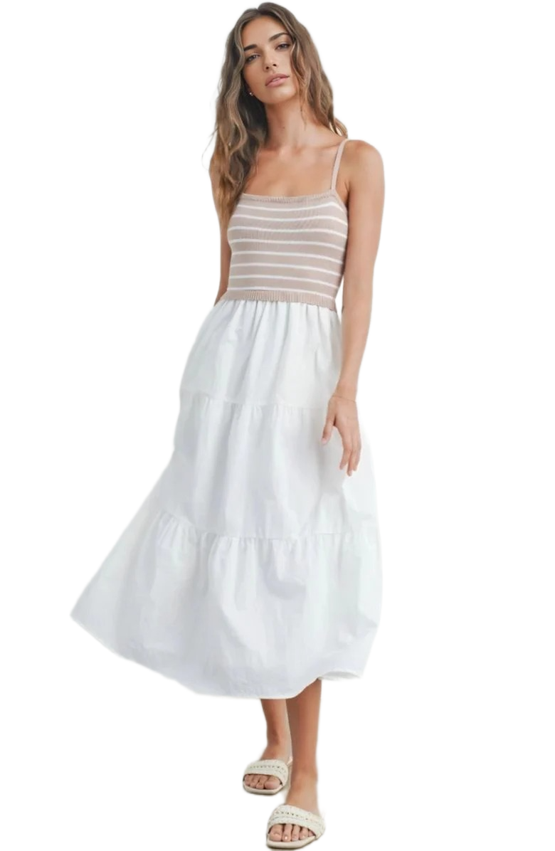 Knit and Lounge Knit Bodice Tiered Midi Dress with Spaghetti Straps, Main, color, 